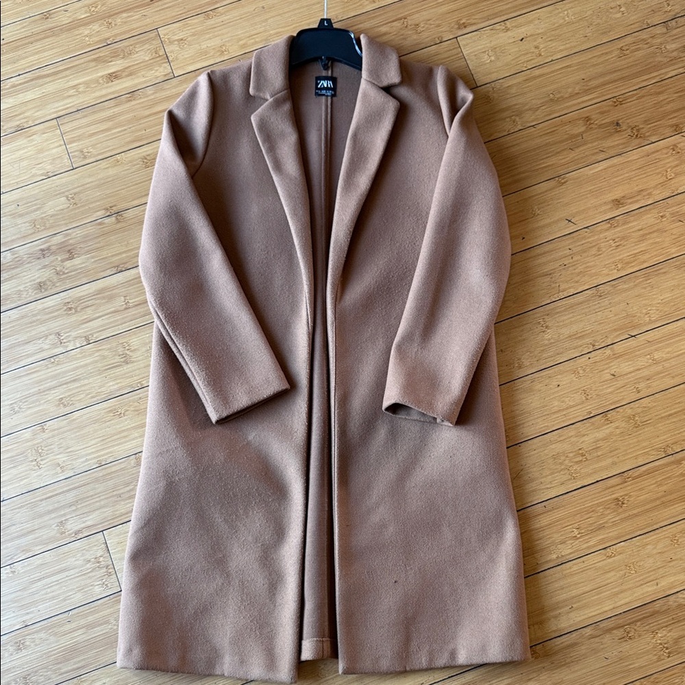 Zara Women's Camel Longline Open Front Trench Coat